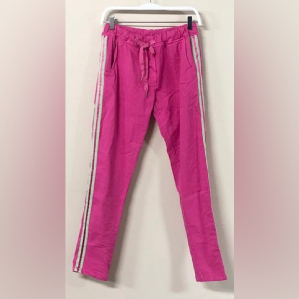 (68378-RIB-FUC) CHECKERED SIDE RIBBON STRIPE CRINKLE JOGGERS